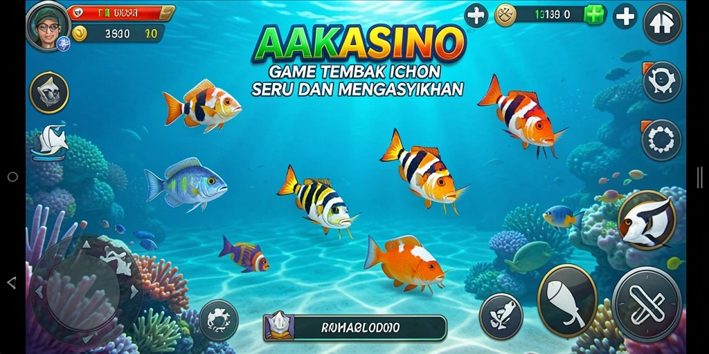 Screenshot gameplay AAKASINO yang menampilkan aksi menembak ikan.