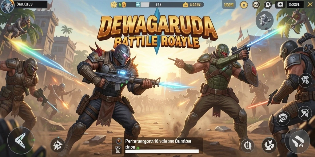 Screenshot gameplay DEWAGARUDA menampilkan pertarungan intens dalam arena Battle Royale.