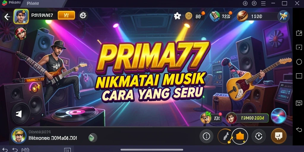 Tampilan screenshot utama PRIMA77 menampilkan gameplay yang seru dengan musik.