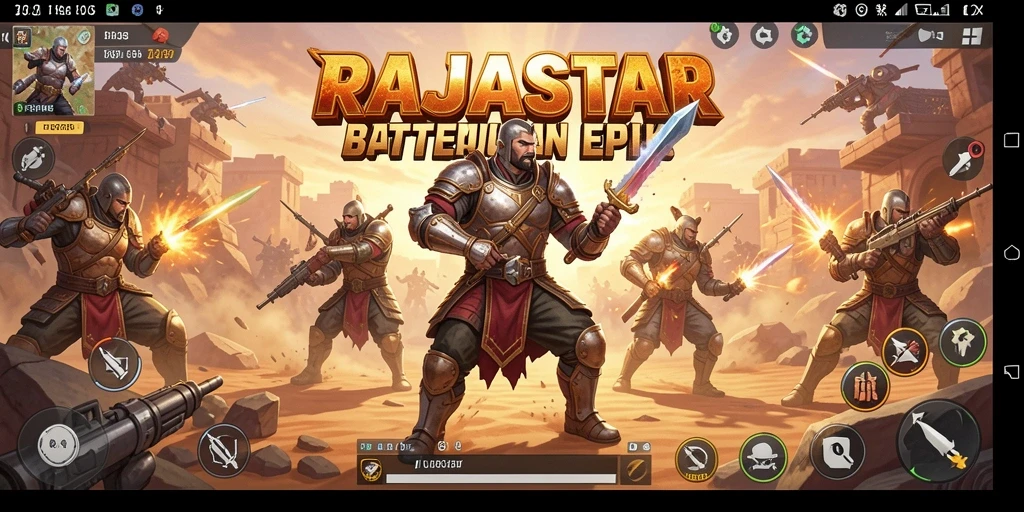 Tangkapan layar utama RAJASTAR menampilkan pertempuran seru dalam arena Battle Royale.