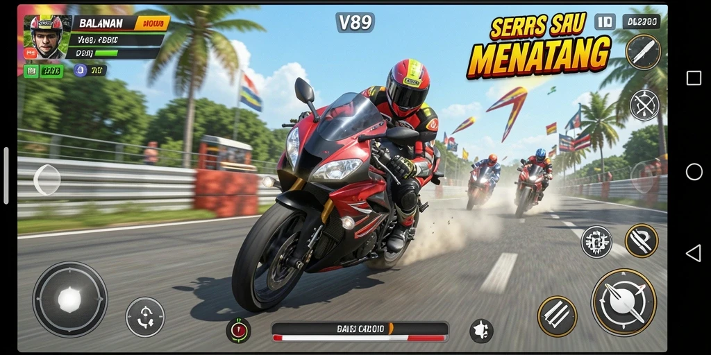 Tampilan gameplay menegangkan dalam balapan motor V89.